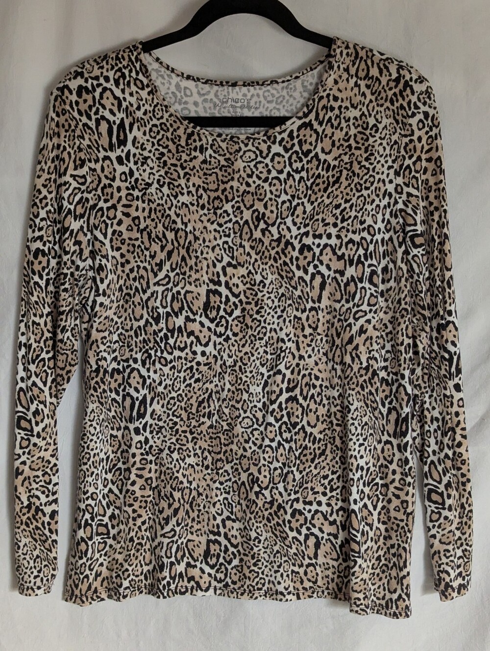 Chico's Ultimate Tee Animal Print Long Sleeve Top - Beige Leopard Sz 2 L